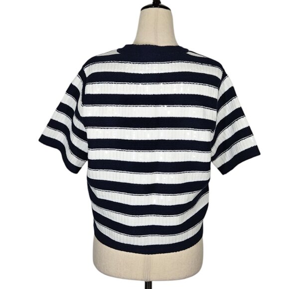 SAM EDELMAN Colleen Stripe Short Sleeve Cardigan knit blue Size Medium NWT - Picture 4 of 9